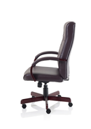 Dynamic Chesterfield executive chair in burgundy leather with armrests, featuring classic tufted design and polished wooden legs.