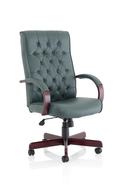 Green leather Chesterfield executive chair with arms, featuring classic tufted design and polished wooden legs.