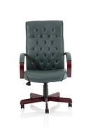 Green leather Chesterfield executive chair with armrests by Dynamic, featuring classic tufted upholstery and polished wooden legs.