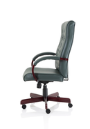 Elegant green leather Chesterfield executive chair with arms by Dynamic, featuring deep button tufting and wooden leg accents.