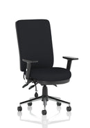 Black Dynamic Chiro High Back Task Operator Chair with height-adjustable and folding arms, ergonomic office seating.