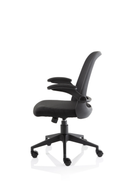 Dynamic Crew Task Operator Mesh Chair with folding arms, black ergonomic office chair with adjustable height and breathable mesh back.