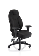 Black fabric Galaxy Task Operator Chair with arms by Dynamic, featuring ergonomic design and adjustable armrests.