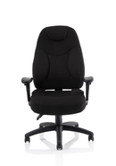 Black fabric Galaxy Task Operator Chair with arms by Dynamic, featuring ergonomic design and adjustable height.