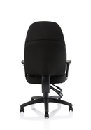 Black fabric Galaxy Task Operator Chair with arms by Dynamic, showing ergonomic design and padded armrests for office comfort.