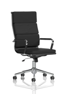 Black leather executive chair with chrome frame and padded armrests, designed for office comfort and style.
