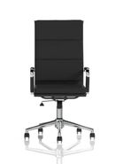 Black leather executive chair with chrome frame and adjustable height, designed for professional office use by Dynamic.