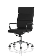 Black leather executive chair with chrome frame by Dynamic, featuring ergonomic design and padded armrests.