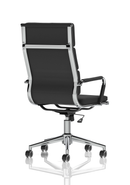 Black leather executive chair with chrome frame by Dynamic, featuring padded armrests and ergonomic design for office comfort.