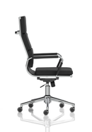 Black leather executive chair with chrome frame, ergonomic design, and padded armrests from Dynamic's Hawkes collection.