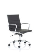 Black bonded leather Nola Medium Back Executive Chair by Dynamic with ergonomic design and metal base.