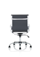 Black bonded leather executive chair with a medium back and armrests, designed for comfort and support in an office setting.