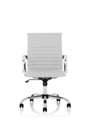 Nola Medium Back White Bonded Leather Executive Chair by Dynamic with armrests and chrome base, shown from front view.