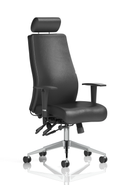 Black bonded leather Onyx Ergo Posture Chair by Dynamic with headrest and armrests, designed for ergonomic support and comfort.