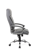 Grey leather executive chair by Dynamic with a modern design, featuring padded armrests and a sturdy base for office comfort