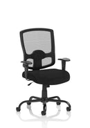 Black mesh Portland HD Task Operator Chair with armrests by Dynamic, featuring a sturdy design and ergonomic support.