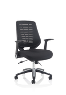 Black Relay Task Operator Chair by Dynamic with airmesh seat, adjustable arms, and supportive back for ergonomic comfort.