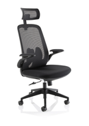 Dynamic Sigma Executive Mesh Chair with folding arms, featuring black mesh back and padded seat for ergonomic comfort.