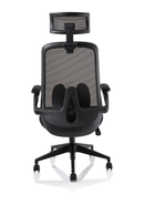 Dynamic Sigma Executive Mesh Chair with folding arms, black ergonomic office chair with mesh back and adjustable features.