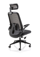 Dynamic Sigma Executive Mesh Chair with folding arms, black ergonomic office seat with breathable mesh back and padded seat cushion.
