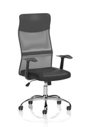Dynamic Vegalite Executive Mesh Chair with arms, ergonomic office chair featuring breathable mesh back and padded armrests.