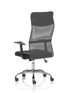 Black Vegalite executive mesh chair with armrests and adjustable height, featuring ergonomic design and breathable mesh back.