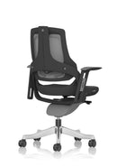 Black Zure Shell Executive Chair by Dynamic with charcoal mesh upholstery and armrests, designed for office comfort and style.