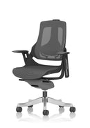 Dynamic Zure Black Shell Executive Chair with charcoal mesh seat, armrests, and ergonomic design for office comfort.