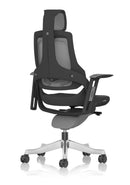 Dynamic Zure Black Shell Executive Chair with charcoal mesh, adjustable arms, and headrest for ergonomic office seating.