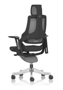 Dynamic Zure Black Shell Executive Office Chair with charcoal mesh, adjustable arms, and headrest for ergonomic comfort.