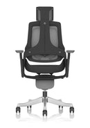 Dynamic Zure black shell executive office chair with charcoal mesh, adjustable arms, and headrest for ergonomic comfort