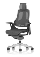 Dynamic Zure black shell executive chair with charcoal mesh upholstery, adjustable arms, and headrest for ergonomic comfort.