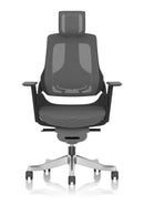 Dynamic Zure black shell executive chair with charcoal mesh upholstery, adjustable arms, and headrest for ergonomic comfort.