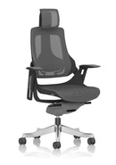 Black shell executive chair from Dynamic with charcoal mesh upholstery, adjustable arms, and headrest for office comfort.
