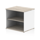 Grey oak Impulse Desk High Bookcase by Dynamic with multiple shelves for storage and display.