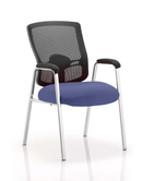 Blue Portland mesh back visitor chair with arms by Dynamic, featuring a straight-leg design and bespoke fabric upholstery.