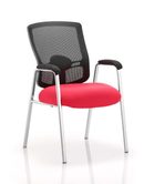 Dynamic Portland mesh back visitor chair with arms, straight leg design and bespoke fabric in cherry color.
