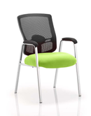 Green Portland mesh back visitor chair with arms by Dynamic, featuring a straight leg design and bespoke fabric upholstery.