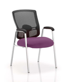 Dynamic Portland mesh back visitor chair with purple bespoke fabric, straight legs, and armrests, designed for office or reception use.