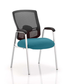 Dynamic Portland mesh back visitor chair with arms in teal fabric, featuring a straight-leg design for office or reception use.