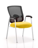 Yellow Portland mesh back visitor chair with arms by Dynamic, featuring a straight-leg design and bespoke fabric upholstery.