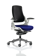 Dynamic Zure Executive Chair with arms, featuring a black back and bespoke fabric seat, shown in blue fabric.