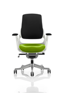 Dynamic Zure Executive Chair with arms, black back and bespoke fabric seat, modern office chair with adjustable features and green accents.