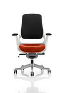 Black Zure Executive Chair with arms featuring a bespoke fabric seat and orange back, designed by Dynamic.
