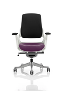 Dynamic Zure Executive Chair with arms, black back and bespoke fabric seat, shown in purple fabric with ergonomic design.