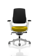 Dynamic Zure Executive Chair with arms, black back and bespoke fabric seat, shown in yellow fabric.