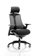 Dynamic Flex Task Operator Chair with black fabric seat, black backrest, and armrests, featuring a sturdy black frame.