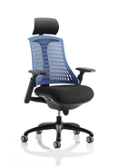 Dynamic Flex Task Operator Chair with black fabric seat, blue backrest, black frame, and armrests for ergonomic comfort.