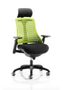 Dynamic Flex Task Operator Chair with black frame, black fabric seat, green backrest, and armrests for ergonomic support.