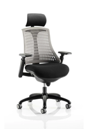 Dynamic Flex Task Operator Chair with black fabric seat, grey backrest, black frame, and armrests for ergonomic support.